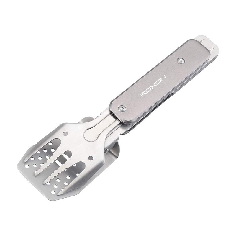 ROXON 4 in 1 Mini Folding BBQ Barbecue Combo Tool Set with Spatula, Fork, Tongs and Bottle Opener for Hiking Camping (Grey) - Image 1